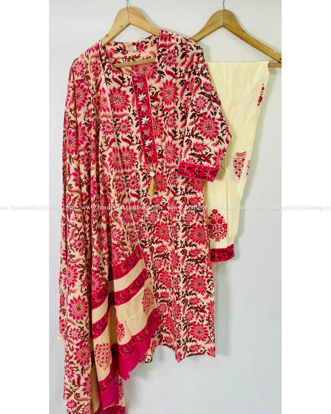 Ivory Pink Embroidered Cotton Kurta Set