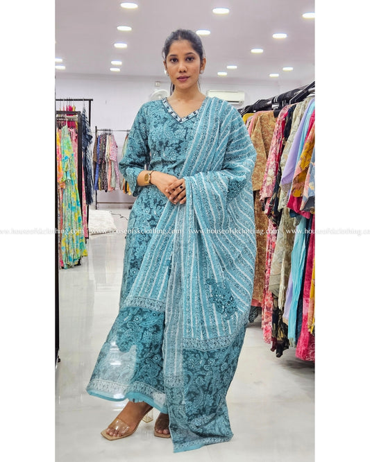 Teal Embroidered Cotton Kurta Set