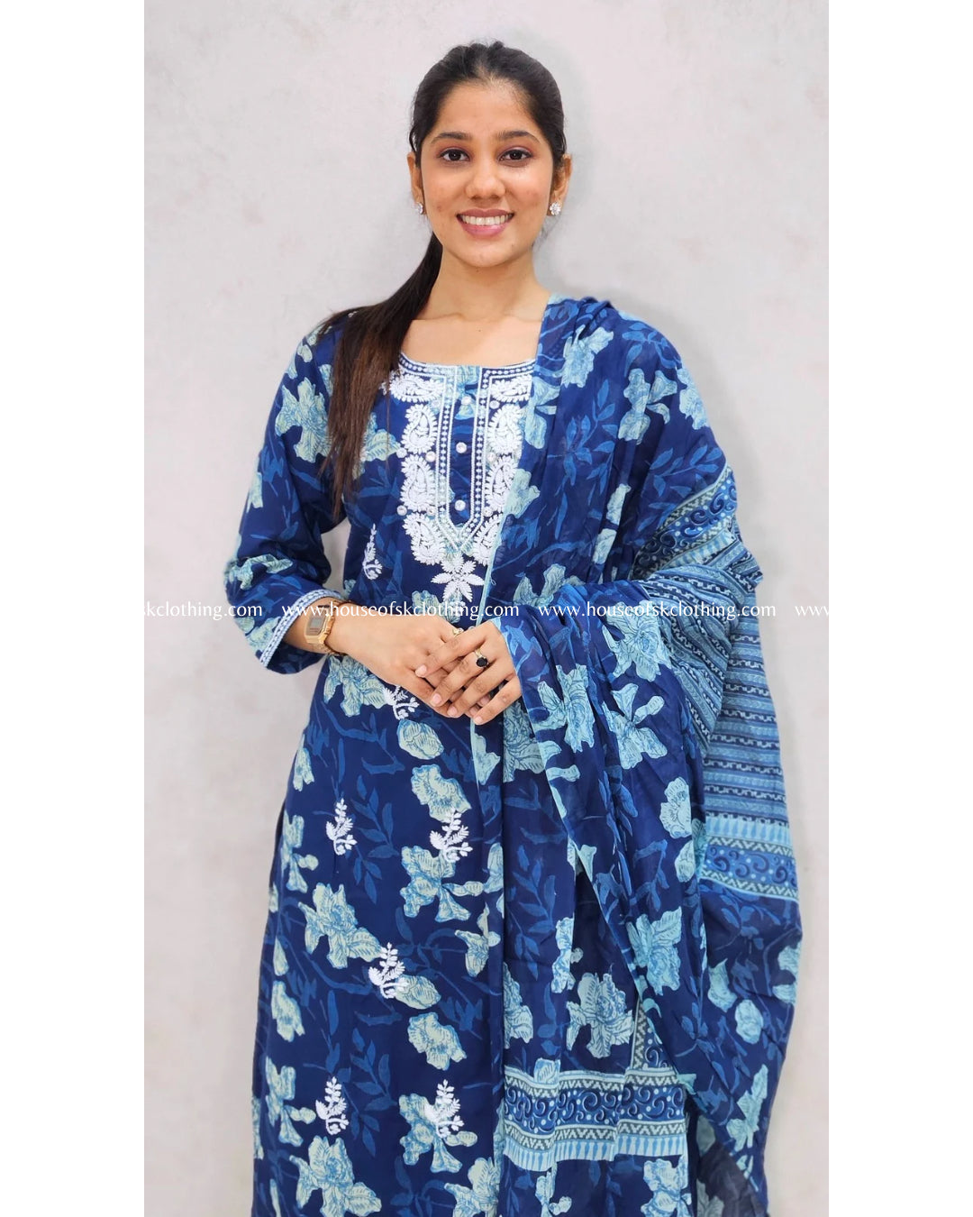 Indigo Blue Embroidered Cotton Kurta Set