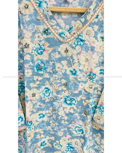 Aqua Blue Printed Kurta Set