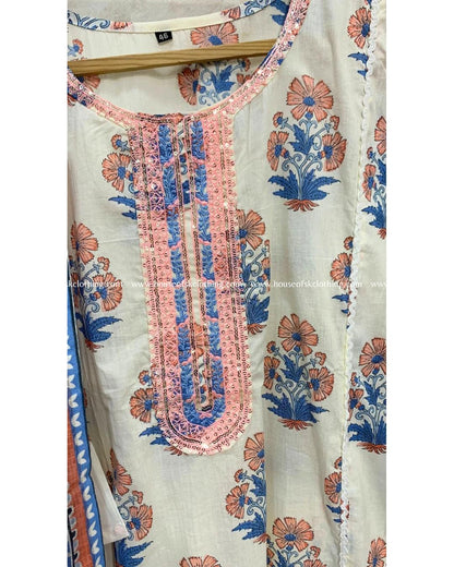 White Blue Motif Cotton Kurta Set