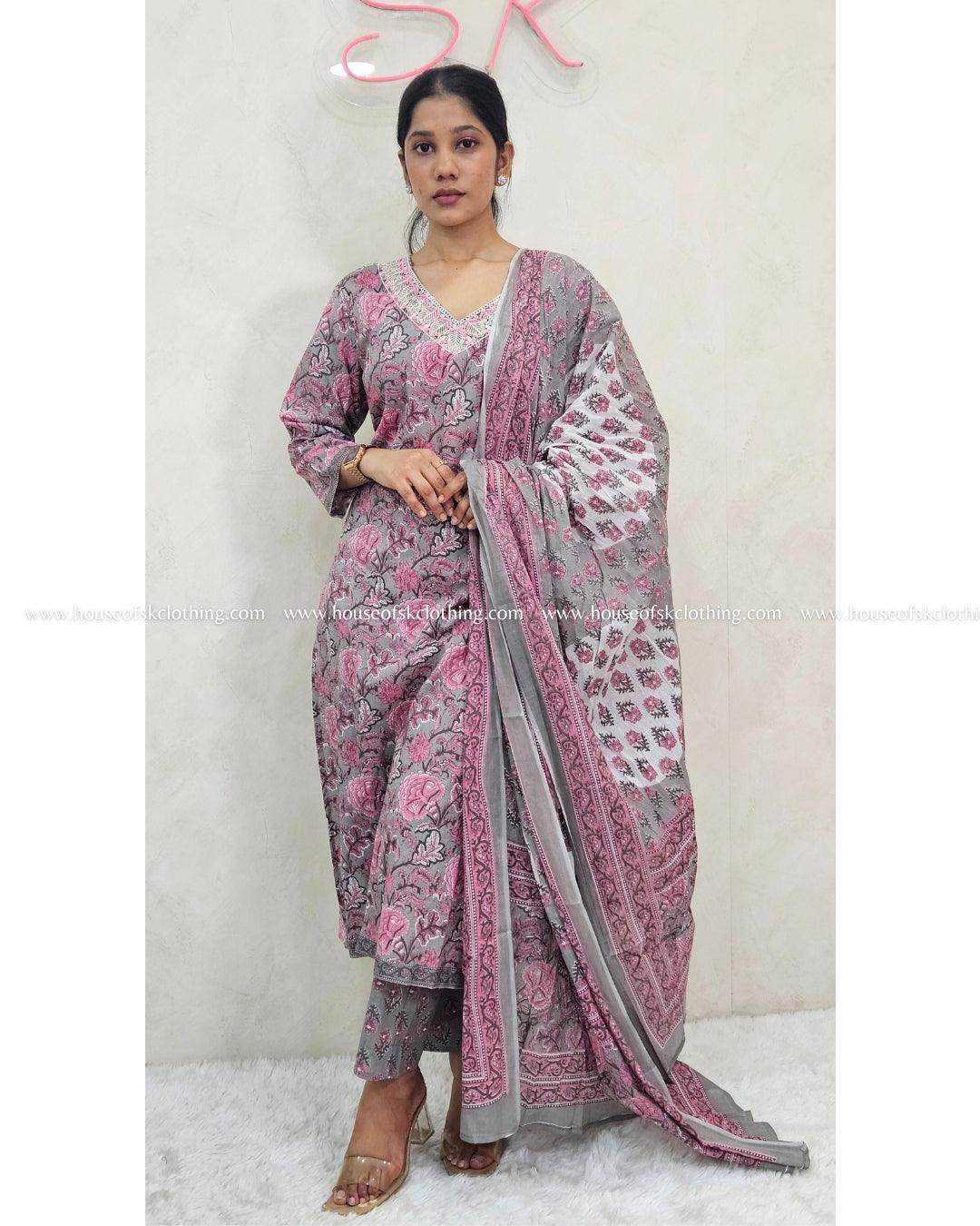 Grey Dusty Rose Cotton Kurta Set