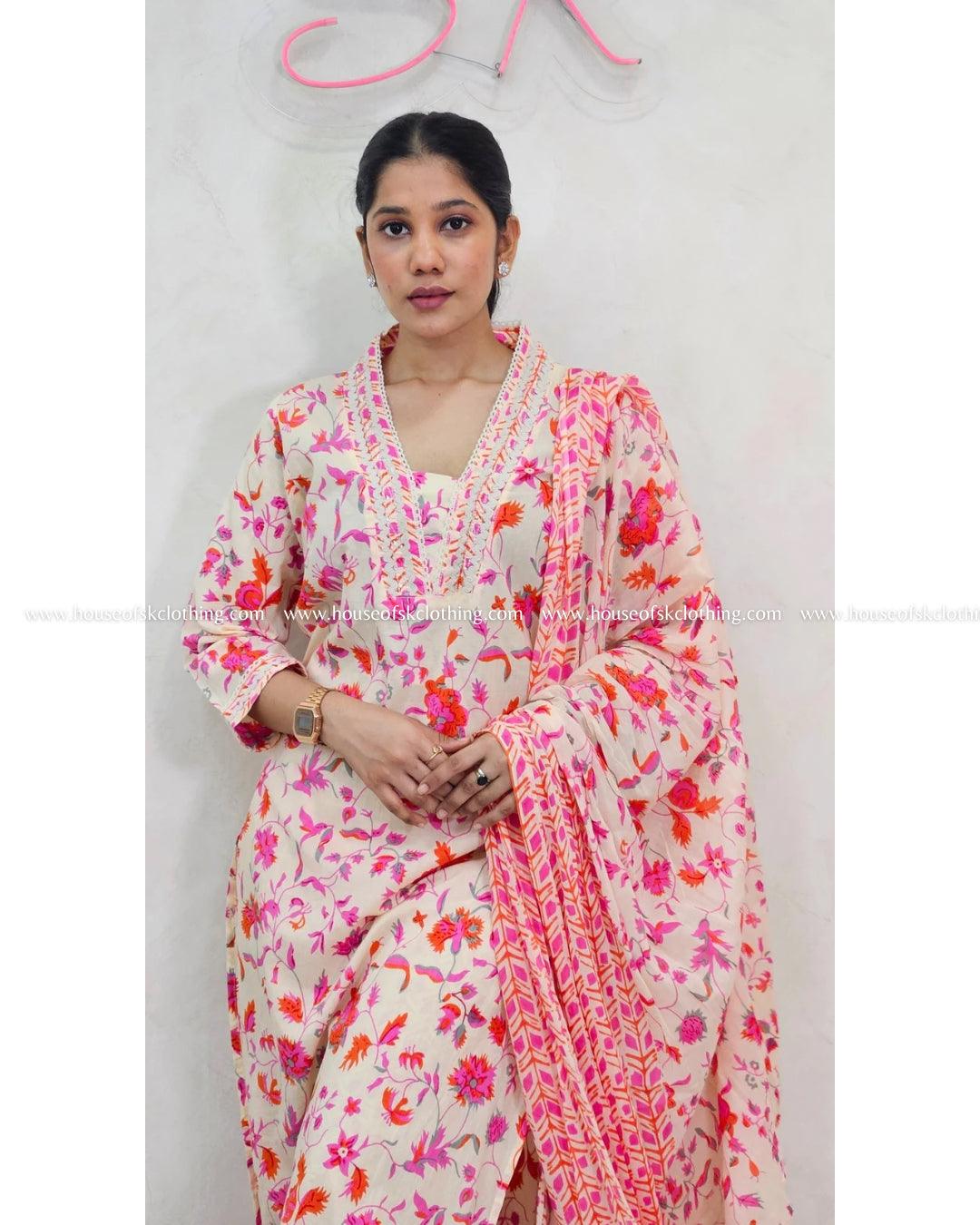 Ivory Rani Pink Hakoba Cotton Kurta Set