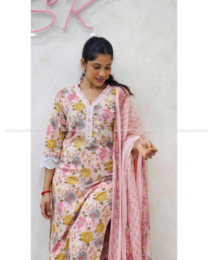 Pink Floral Cotton Kurta Set