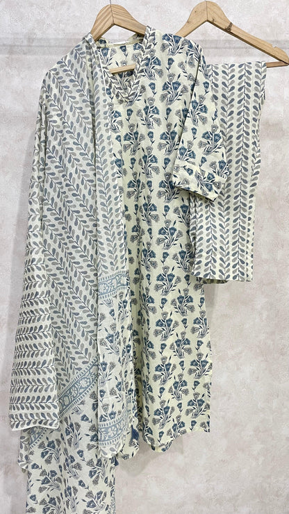 IVORY BLUE FLORAL COTTON KURTA SET