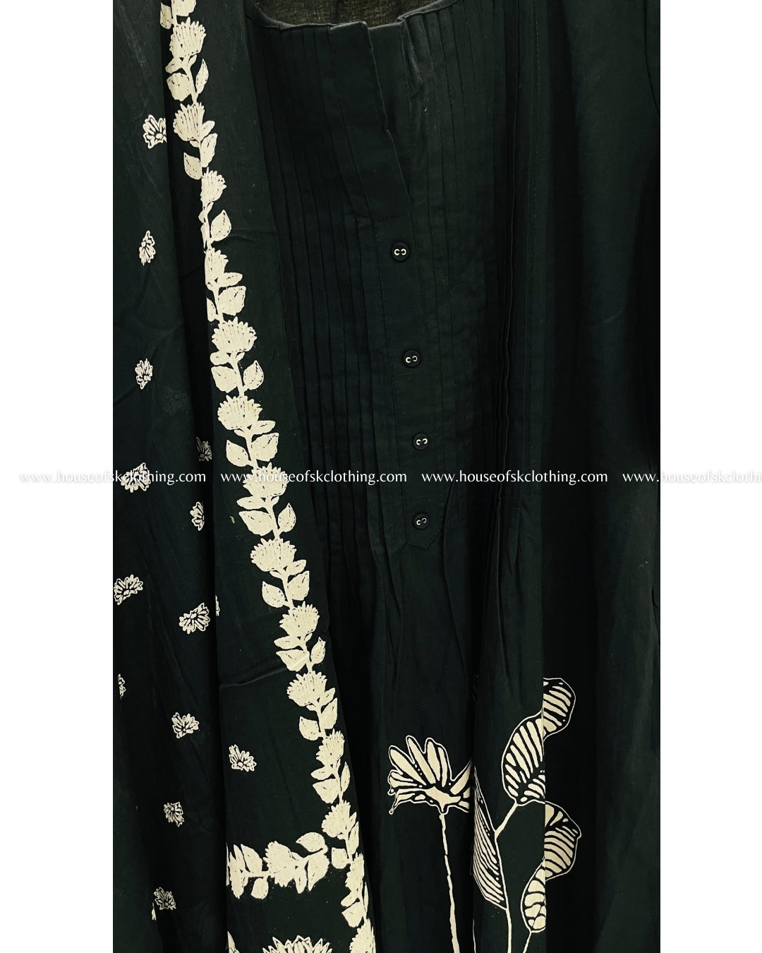 Black Solid Printed Cotton Kurta Set