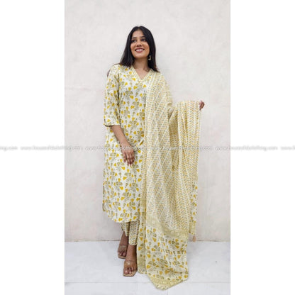 IVORY YELLOW FLORAL COTTON KURTA SET