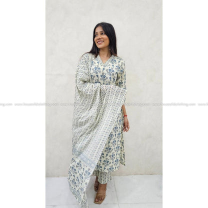 IVORY BLUE FLORAL COTTON KURTA SET