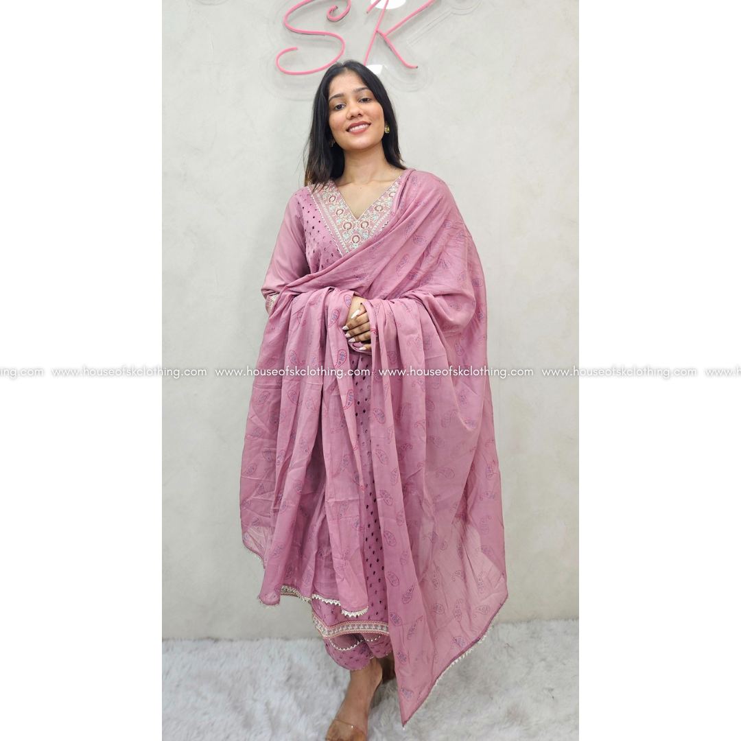 MAUVE PINK HAKOBA COTTON KURTA SET