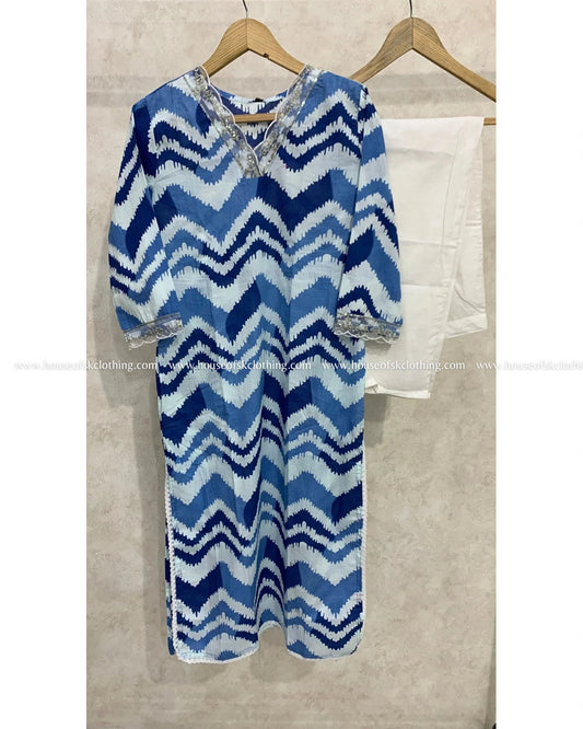 Blue White Chevron Kurta Set