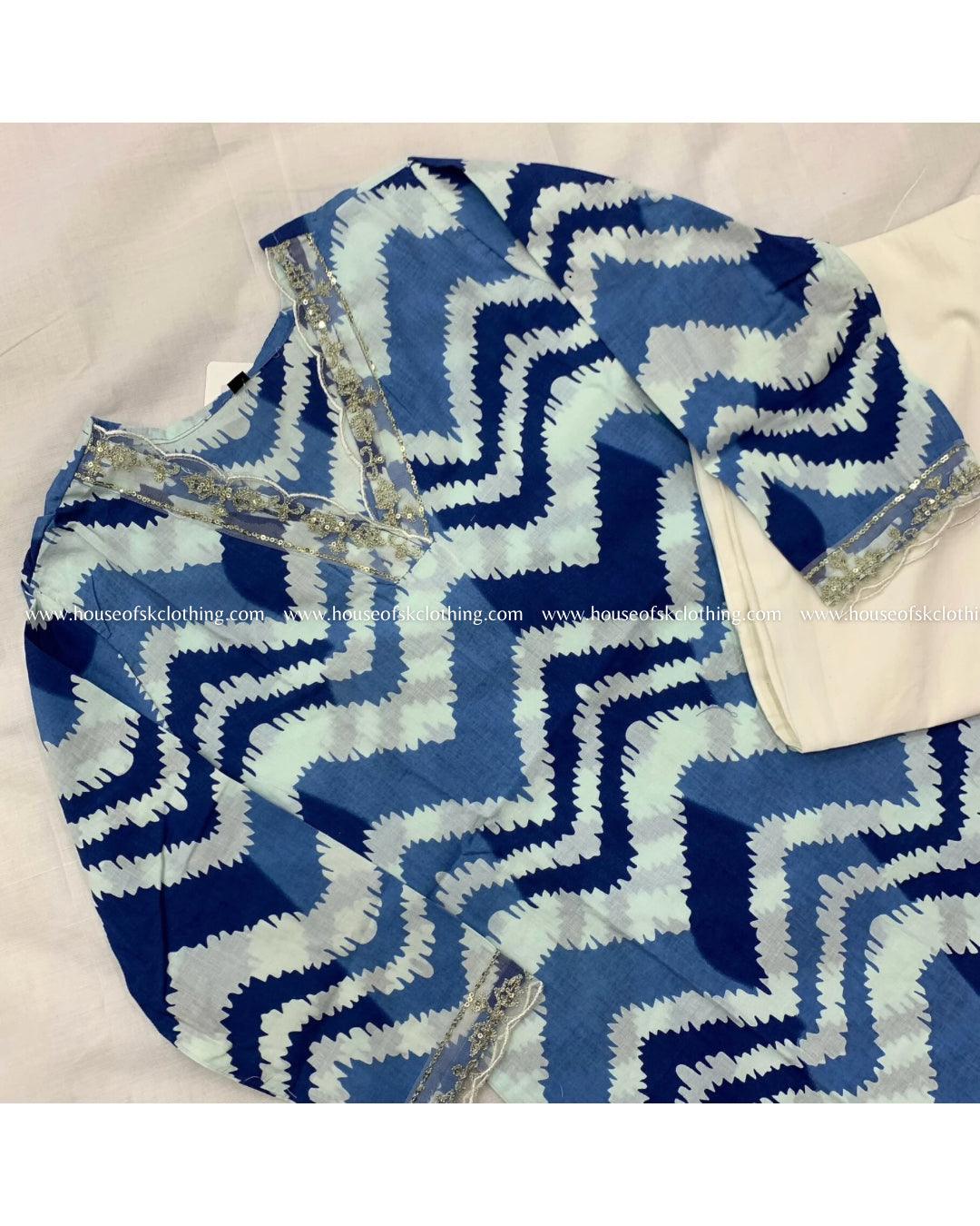 Blue White Chevron Kurta Set