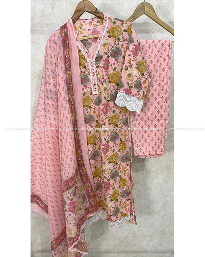 Pink Floral Cotton Kurta Set