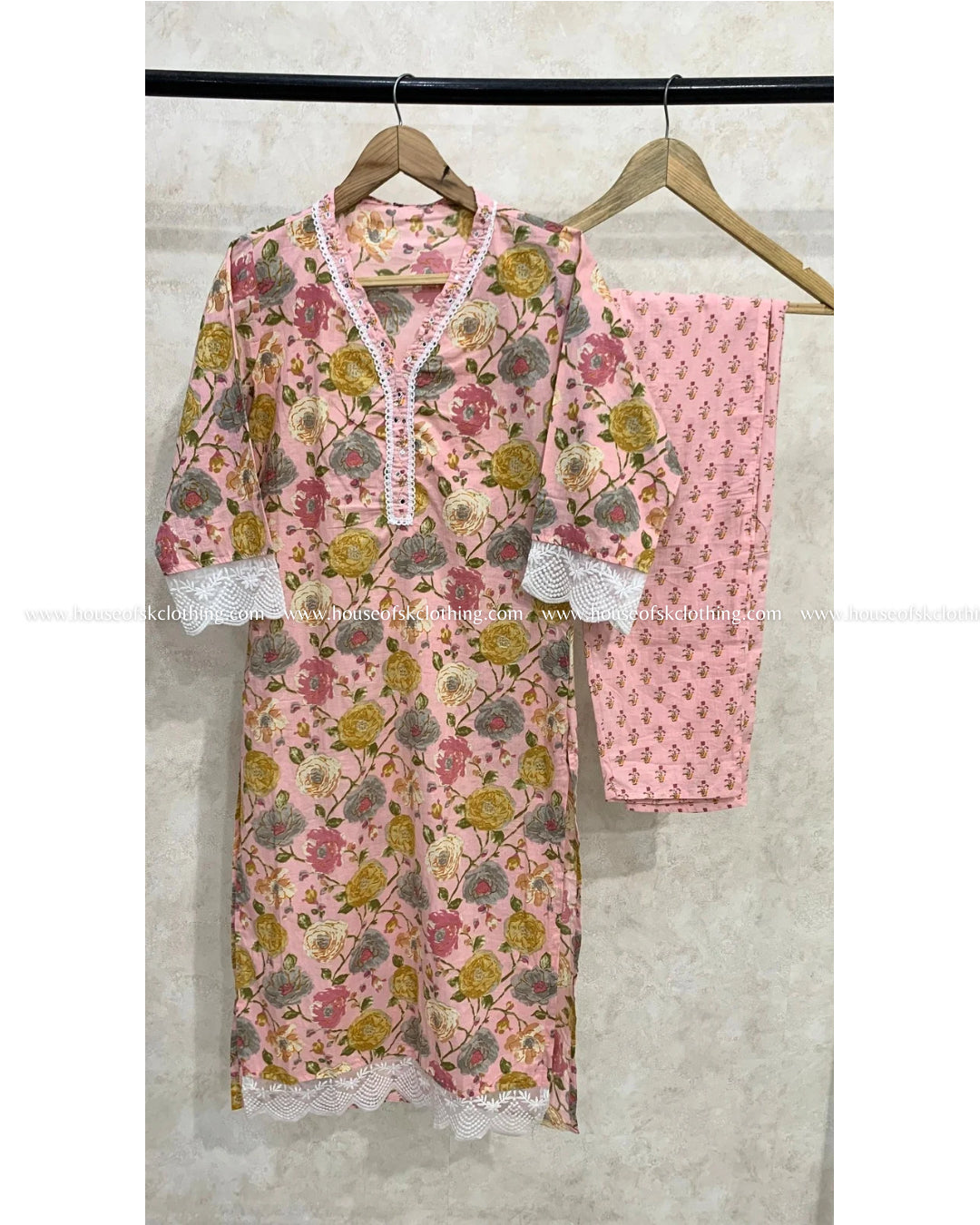 Pink Floral Cotton Kurta Set