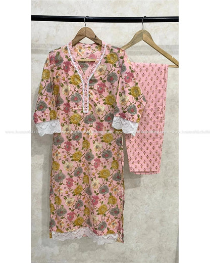 Pink Floral Cotton Kurta Set