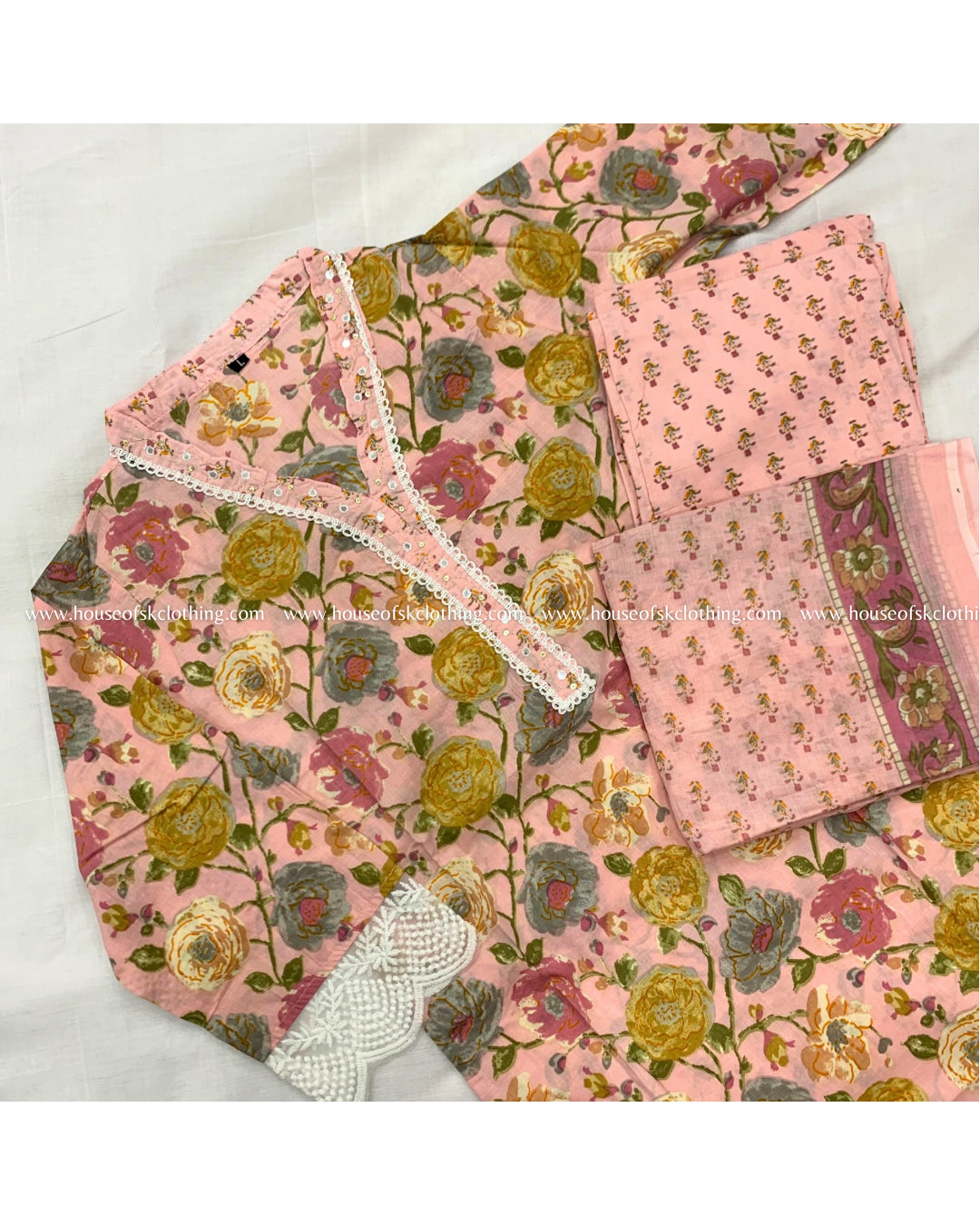 Pink Floral Cotton Kurta Set