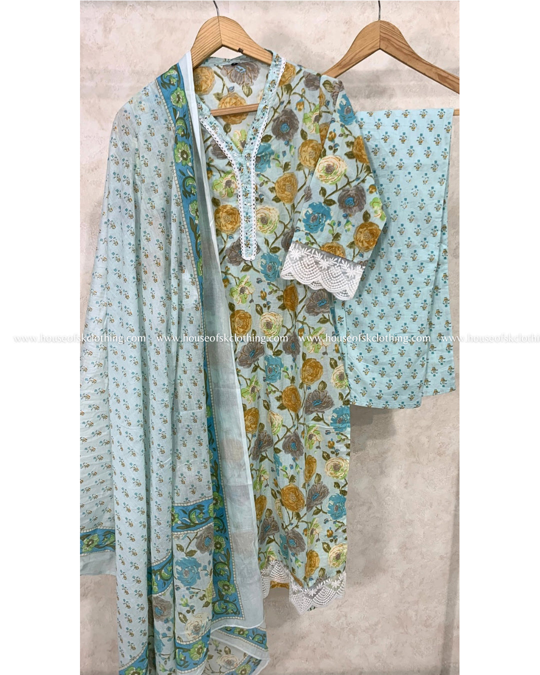 Blue Floral Cotton Kurta Set