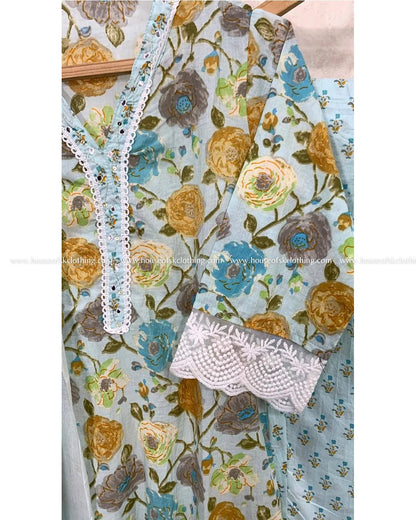 Blue Floral Cotton Kurta Set