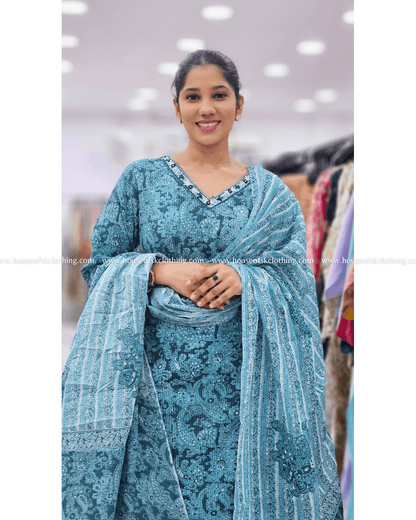 Teal Embroidered Cotton Kurta Set