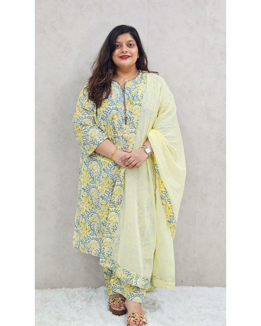 Pale Yellow Block Printed Kurta Set