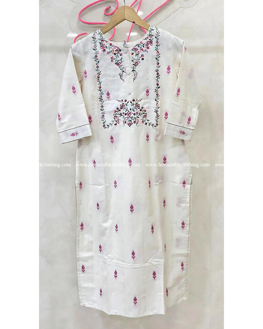 Pink Rose Motif Embroidery Round Neck Kurti