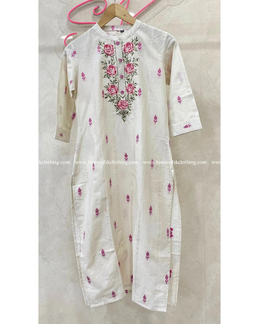 Pink Rose Motif Embroidery Chinese Collar Kurti