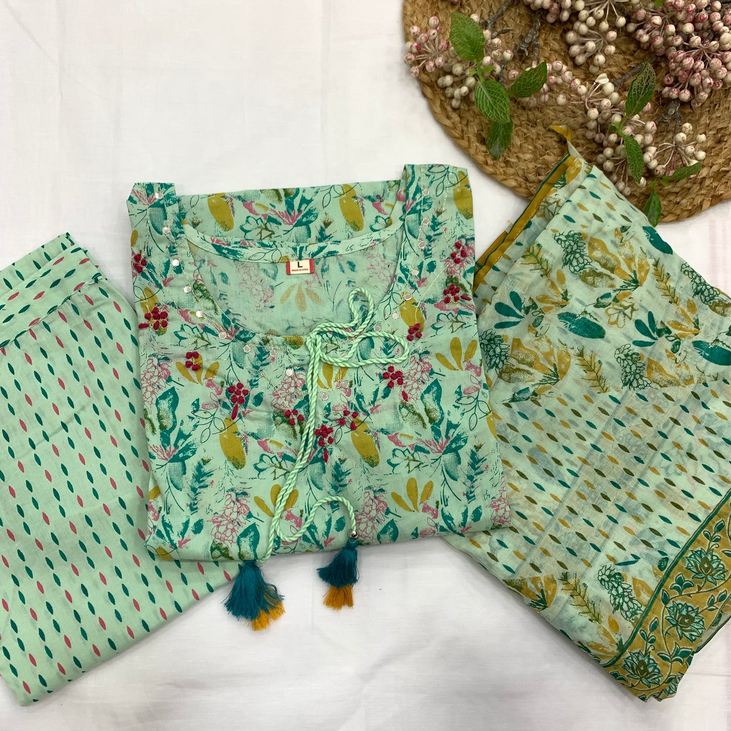 SEA GREEN COTTON KURTA SET