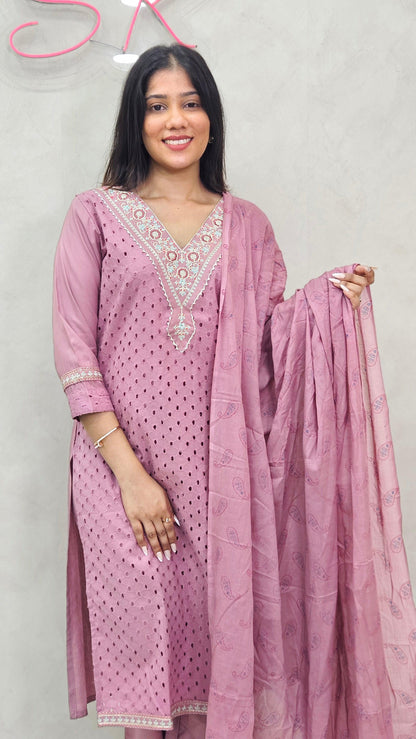 MAUVE PINK HAKOBA COTTON KURTA SET