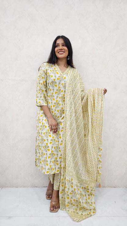 IVORY YELLOW FLORAL COTTON KURTA SET