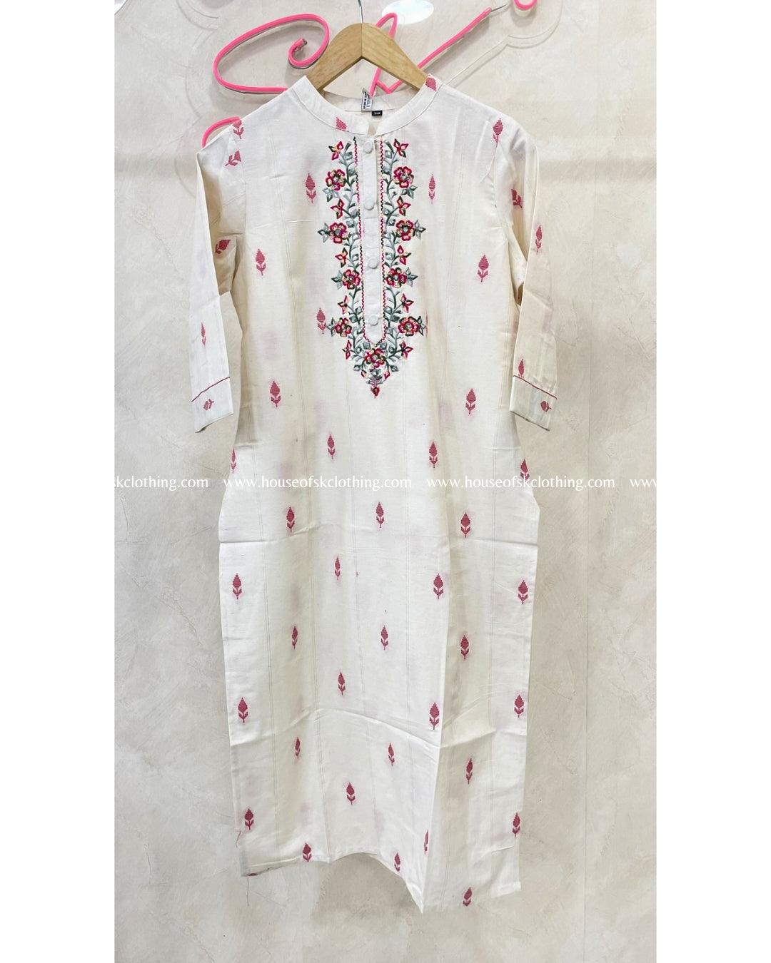 Red Rose Motif Embroidery Chinese Collar Kurti