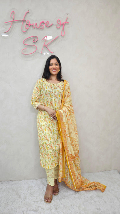 LIGHT YELLOW COTTON KURTA SET