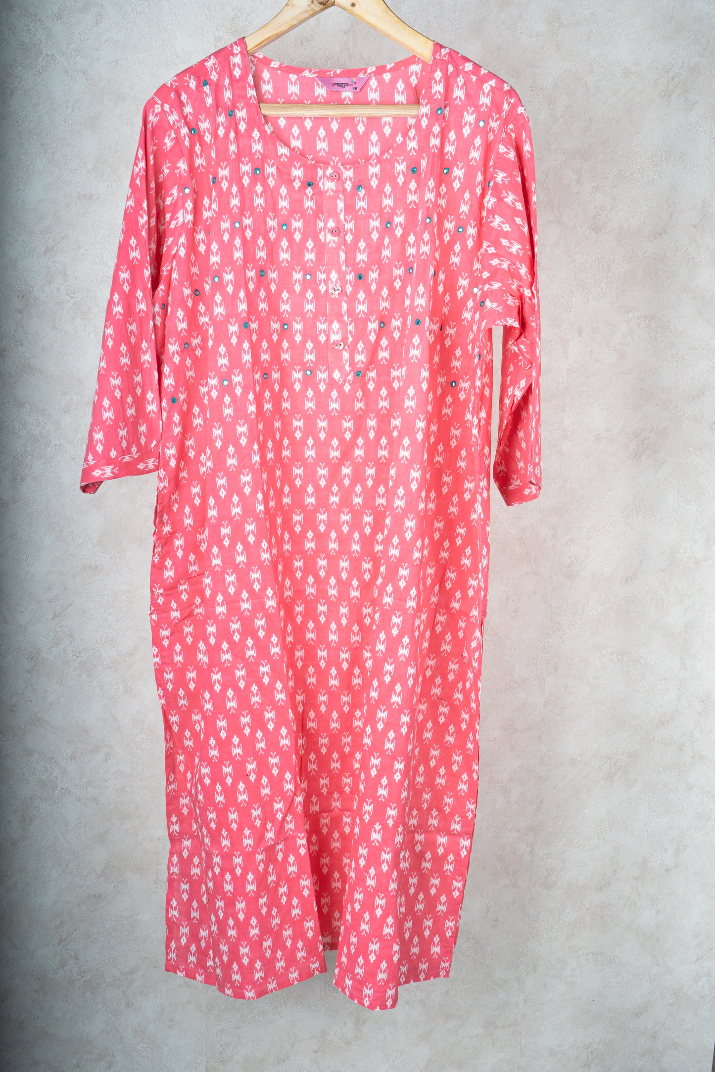 CANDY PINK IKAT PRINT MIRROR KURTA